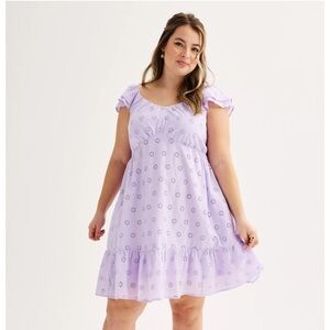 NWT SO Juniors Plus 1X Lavender Flutter Sleeve Eyelet Babydoll Dress, Spring